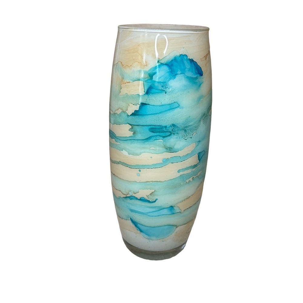 Aqua Blue Cream Ink Blot Splatter Vase 11” Tall Unique Tie Dye Art Glass
